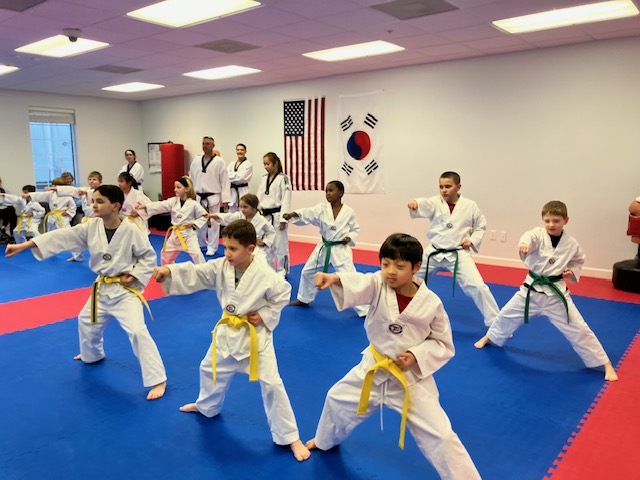 Finest Taekwondo Children in martial arts uniforms practice punching in formation on a blue mat, with instructors and flags of the USA and South Korea in the background. Chapin, South Carolina