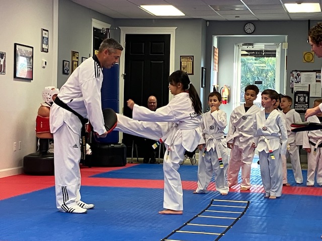Finest Taekwondo A taekwondo instructor holds a target as a young student practices a kick, while other children in uniforms watch and wait their turn in a martial arts studio. Chapin, South Carolina